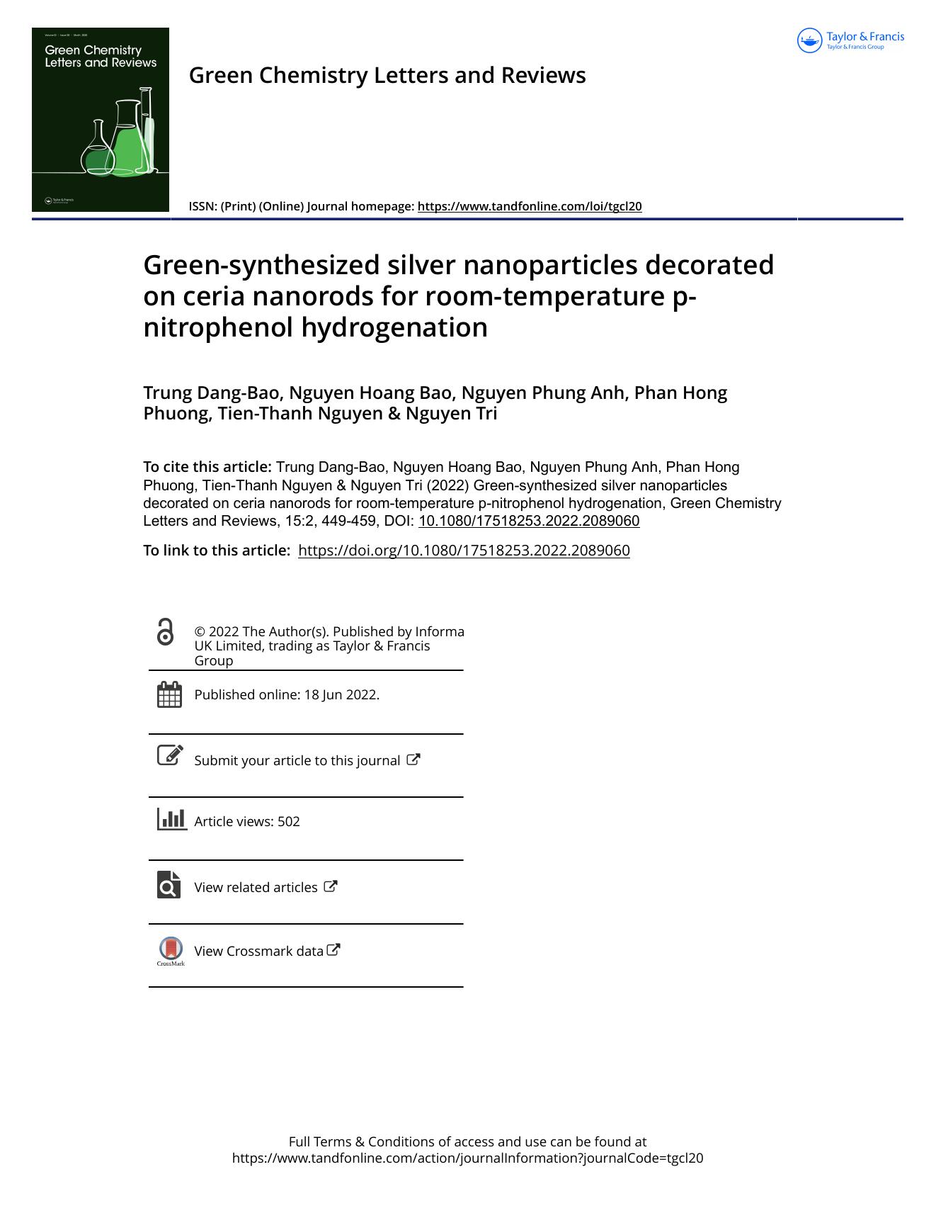 Green-synthesized silver nanoparticles decorated on ceria nanorods for room-temperature p-nitrophenol hydrogenation by Trung Dang-Bao