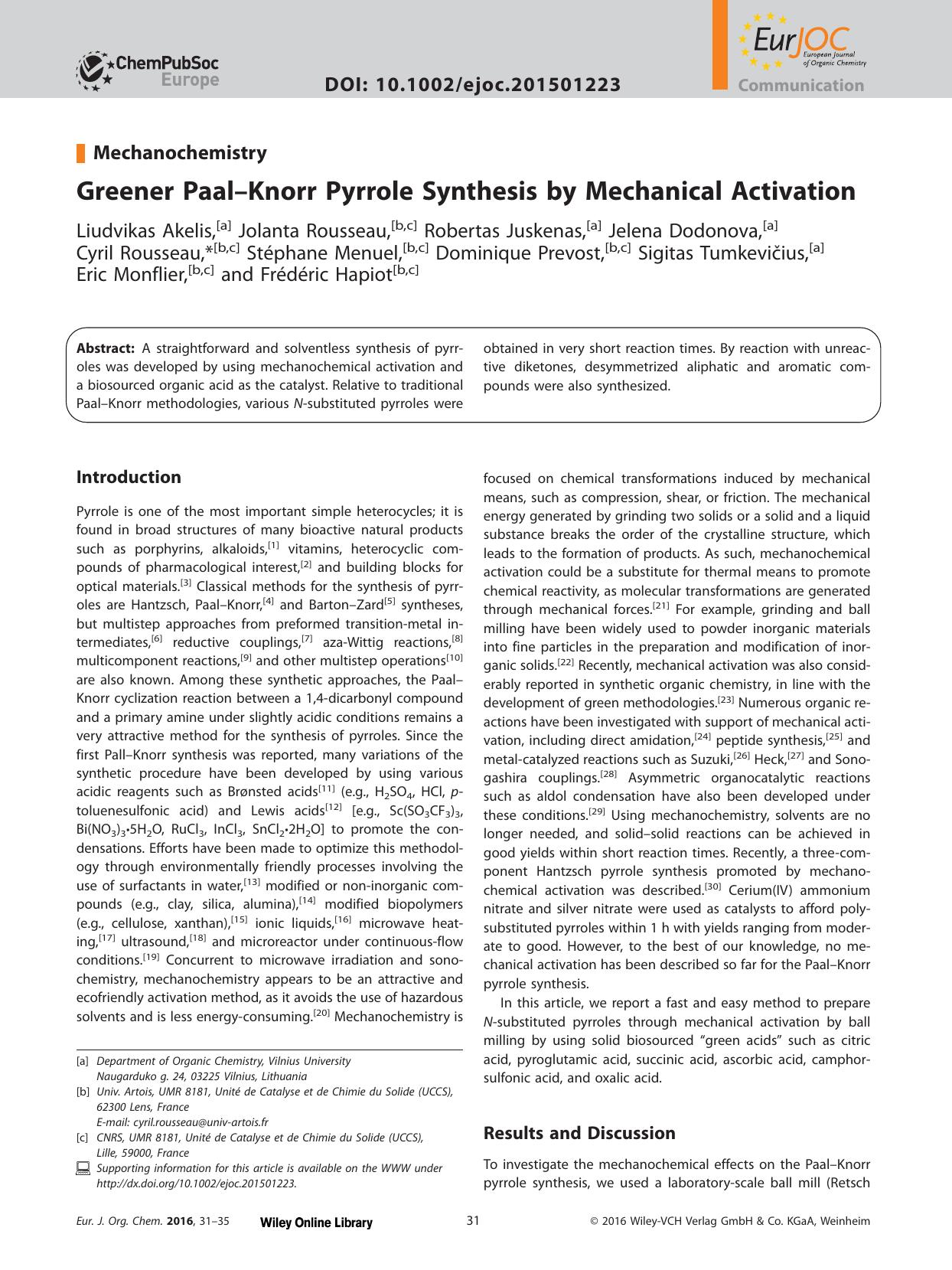 Greener PaalKnorr Pyrrole Synthesis by Mechanical Activation by Unknown