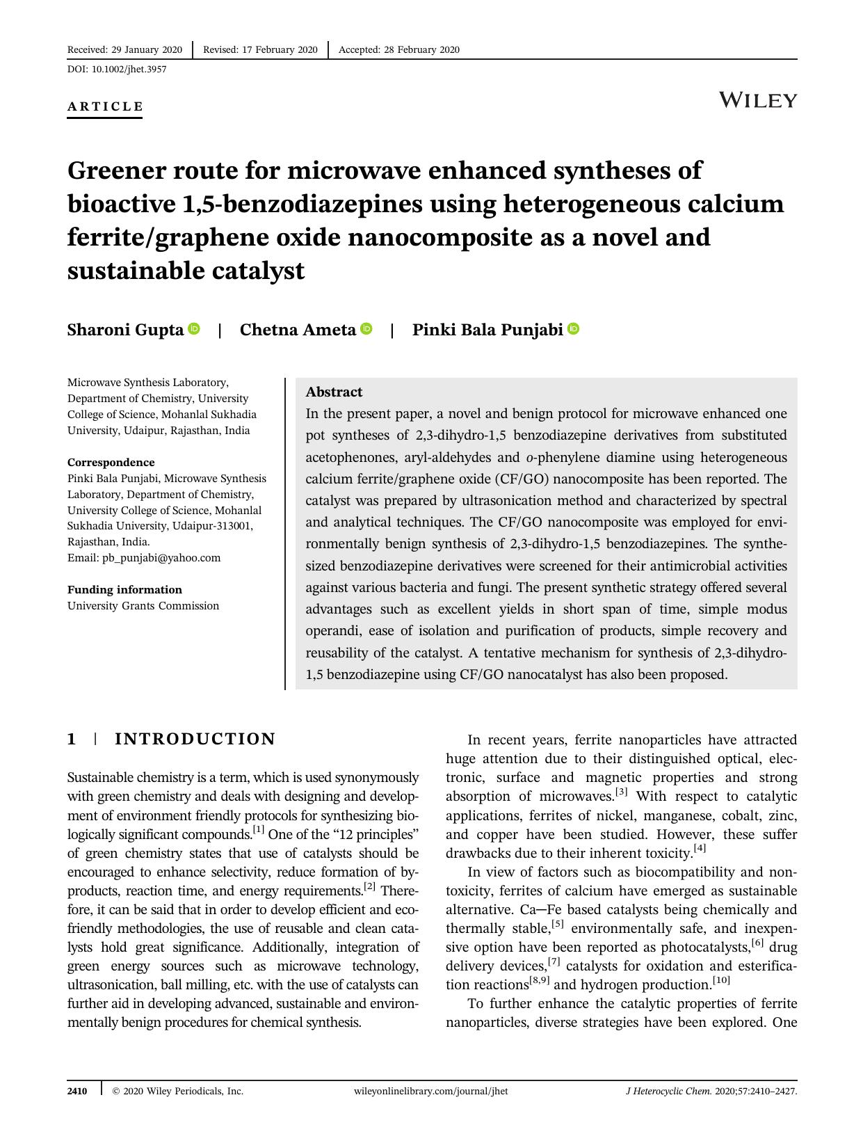 Greener Route for Microwave Enhanced Syntheses of Bioactive 1,5-Benzodiazepines using Heterogeneous Calcium FerriteGraphene Oxide Nanocomposite as a Novel and Sustainable Catalyst by Unknown