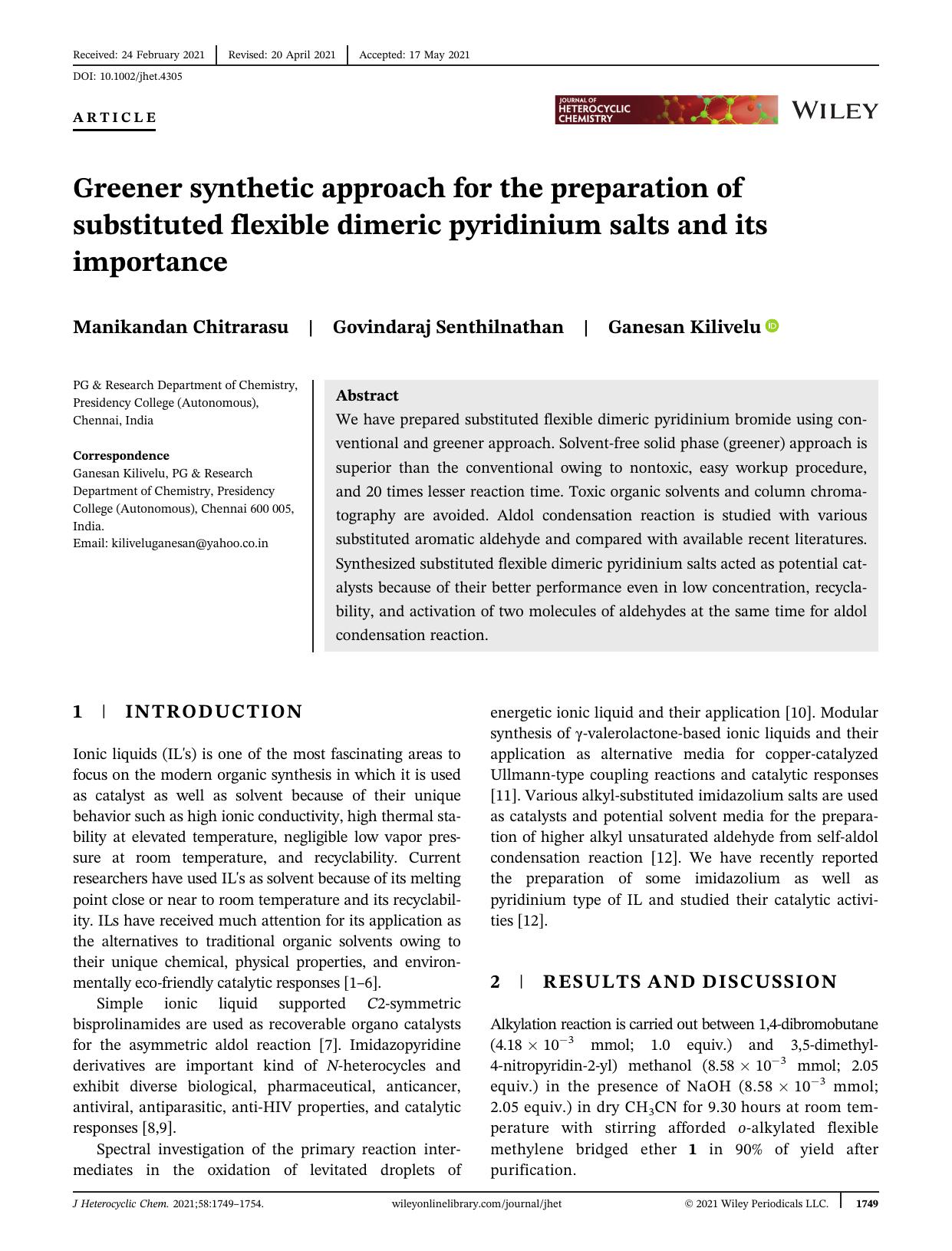 Greener Synthetic Approach for the Preparation of Substituted Flexible Dimeric Pyridinium Salts and its Importance by Unknown