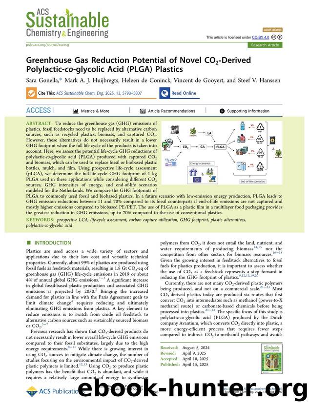 Greenhouse Gas Reduction Potential of Novel CO2-Derived Polylactic-co-glycolic Acid (PLGA) Plastics by Sara Gonella Mark A. J. Huijbregts Heleen de Coninck Vincent de Gooyert and Steef V. Hanssen