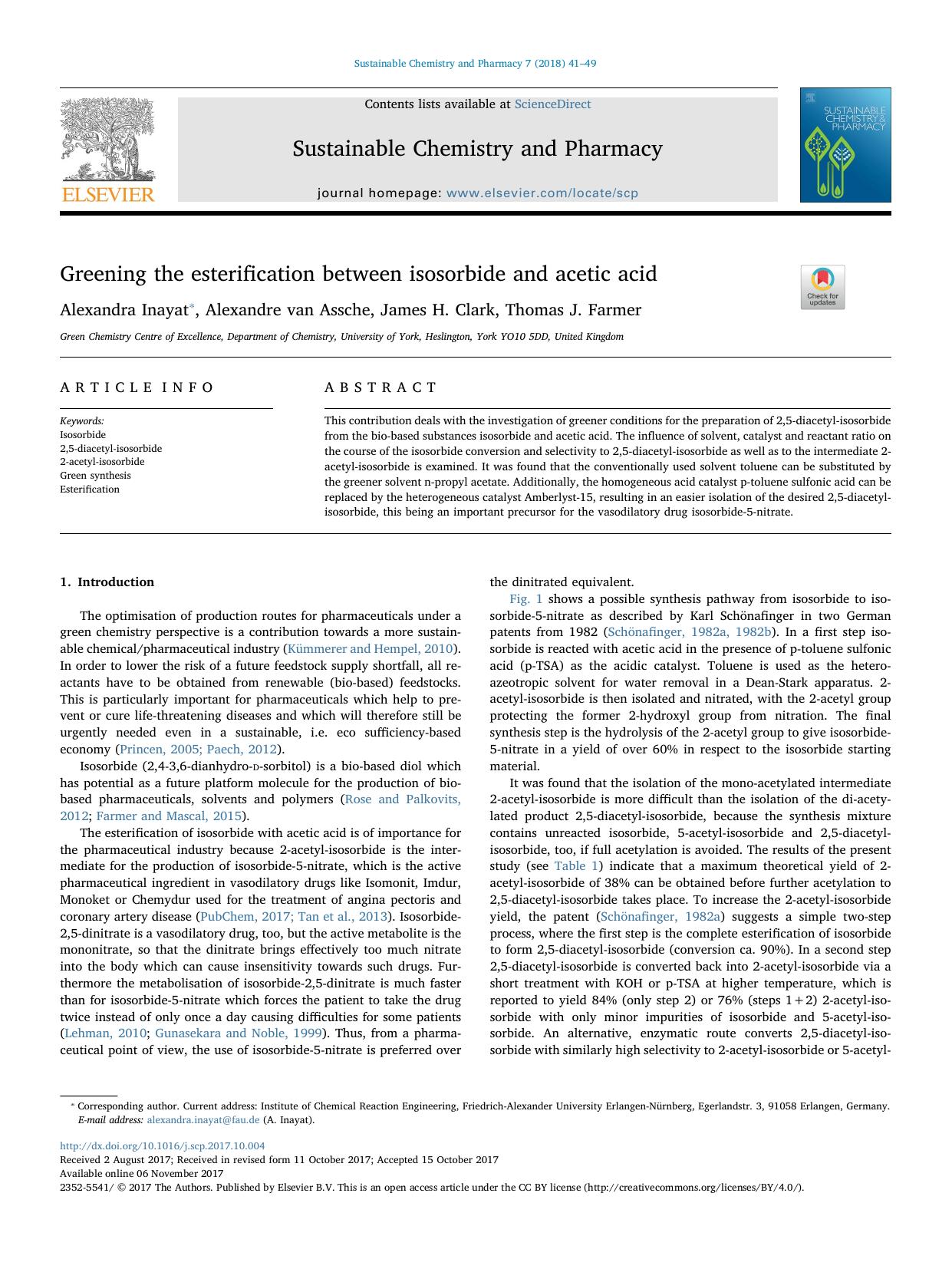 Greening the esterification between isosorbide and acetic acid by Alexandra Inayat & Alexandre van Assche & James H. Clark & Thomas J. Farmer