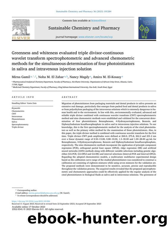 Greenness and whiteness evaluated triple divisor-continuous wavelet transform spectrophotometric and advanced chemometric methods for the simultaneous determination of four photoin by Mirna Gamil & Noha M. El Zahar & Nancy Magdy & Amira M. El-Kosasy