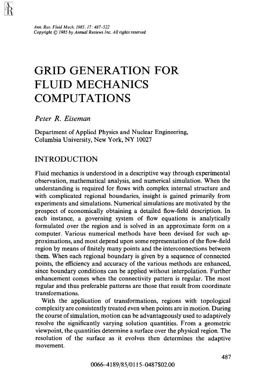 Grid Generation for Fluid Mechanics Computations by P R Eiseman