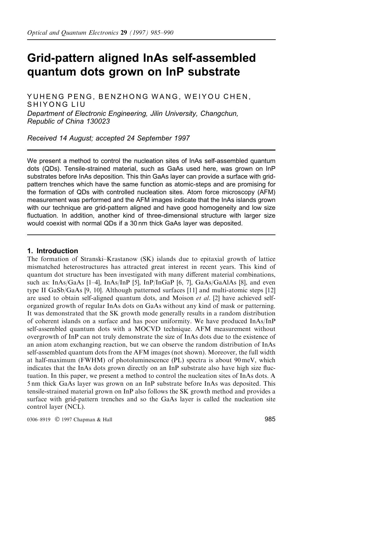 Grid-pattern aligned InAs self-assembled quantum dots grown on InP substrate by Unknown