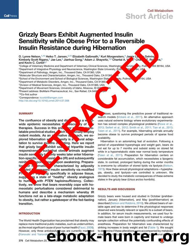 Grizzly Bears Exhibit Augmented Insulin Sensitivity while Obese Prior to a Reversible Insulin Resistance during Hibernation by unknow