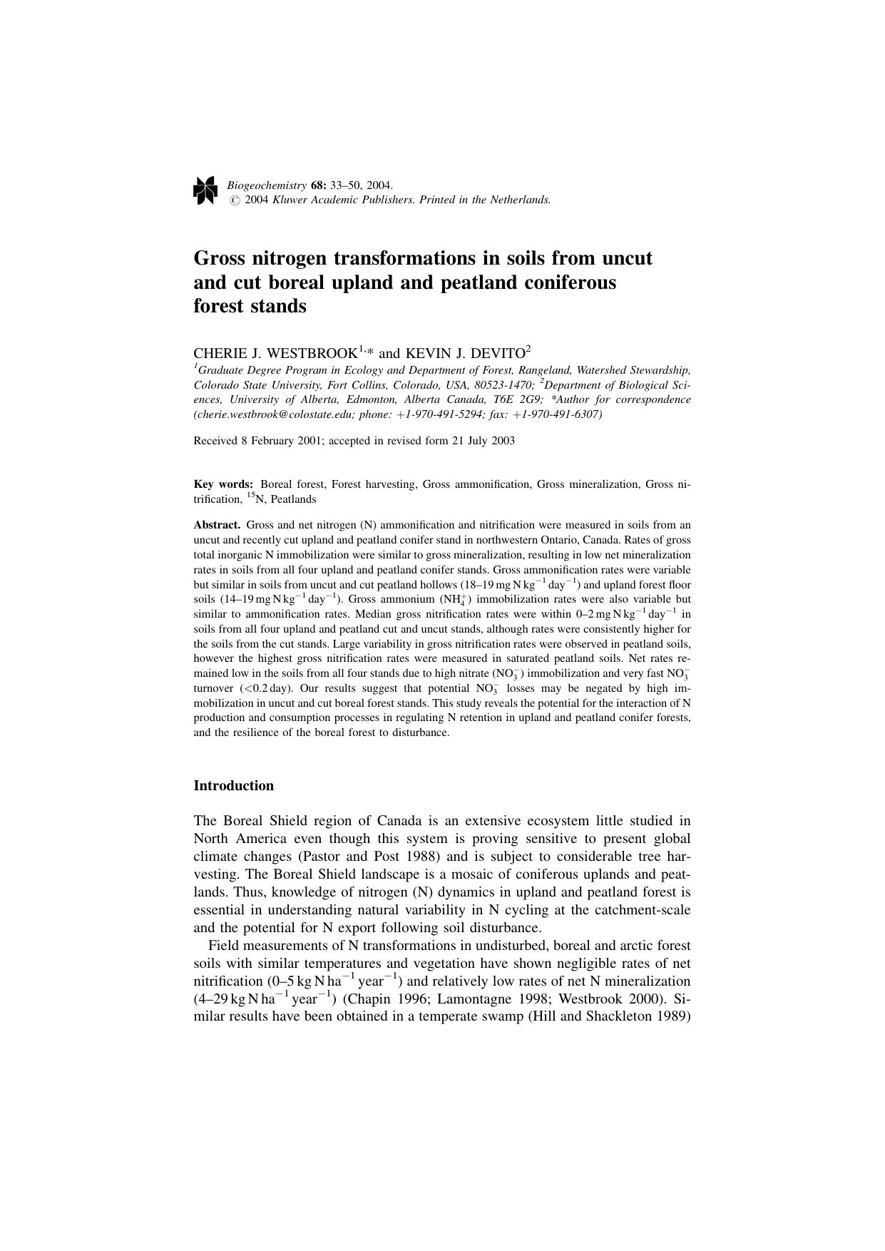 Gross nitrogen transformations in soils from uncut and cut boreal upland and peatland coniferous forest stands by Unknown