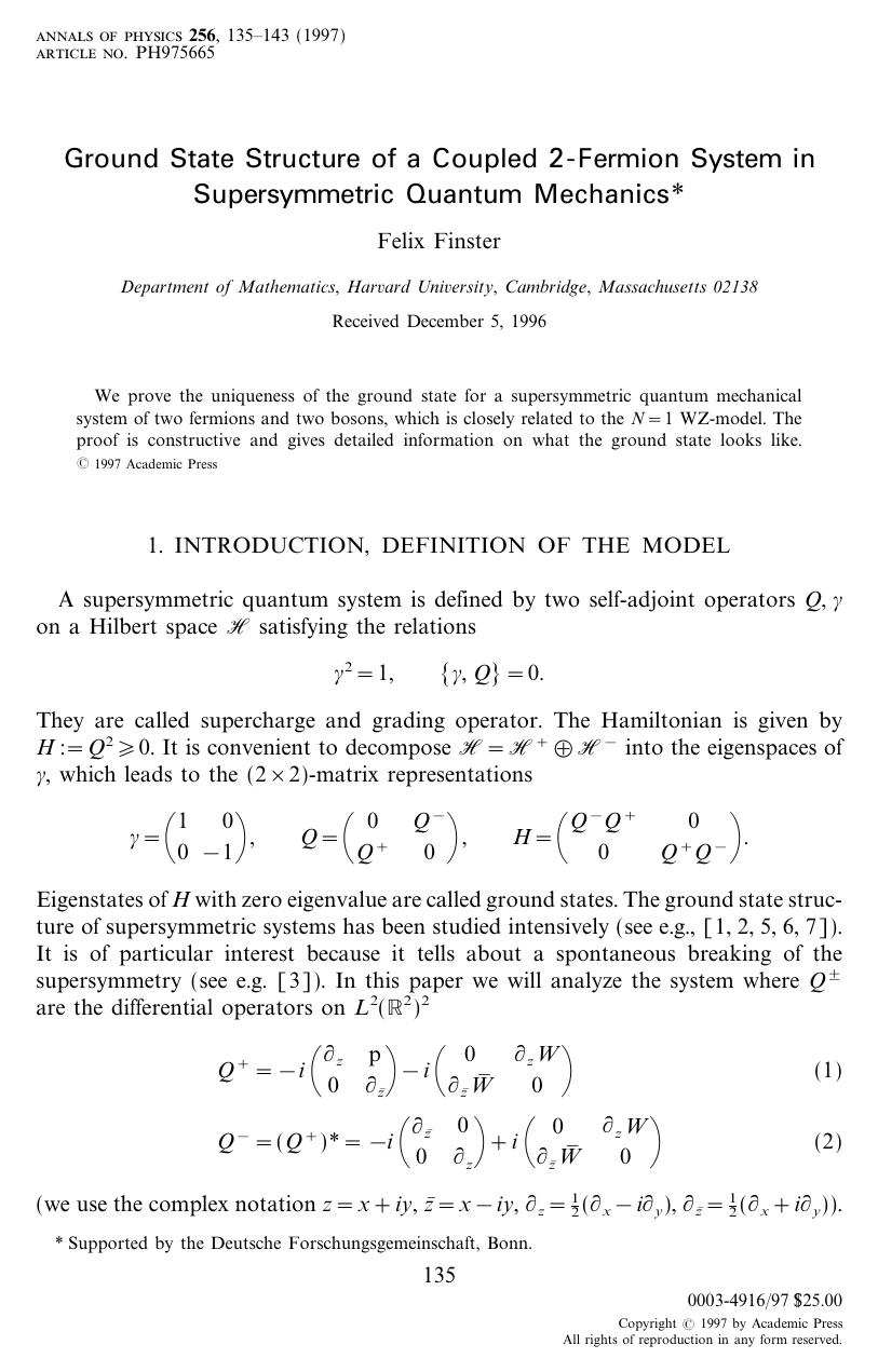 Ground State Structure of a Coupled 2-Fermion System in Supersymmetric Quantum Mechanics by Finster F