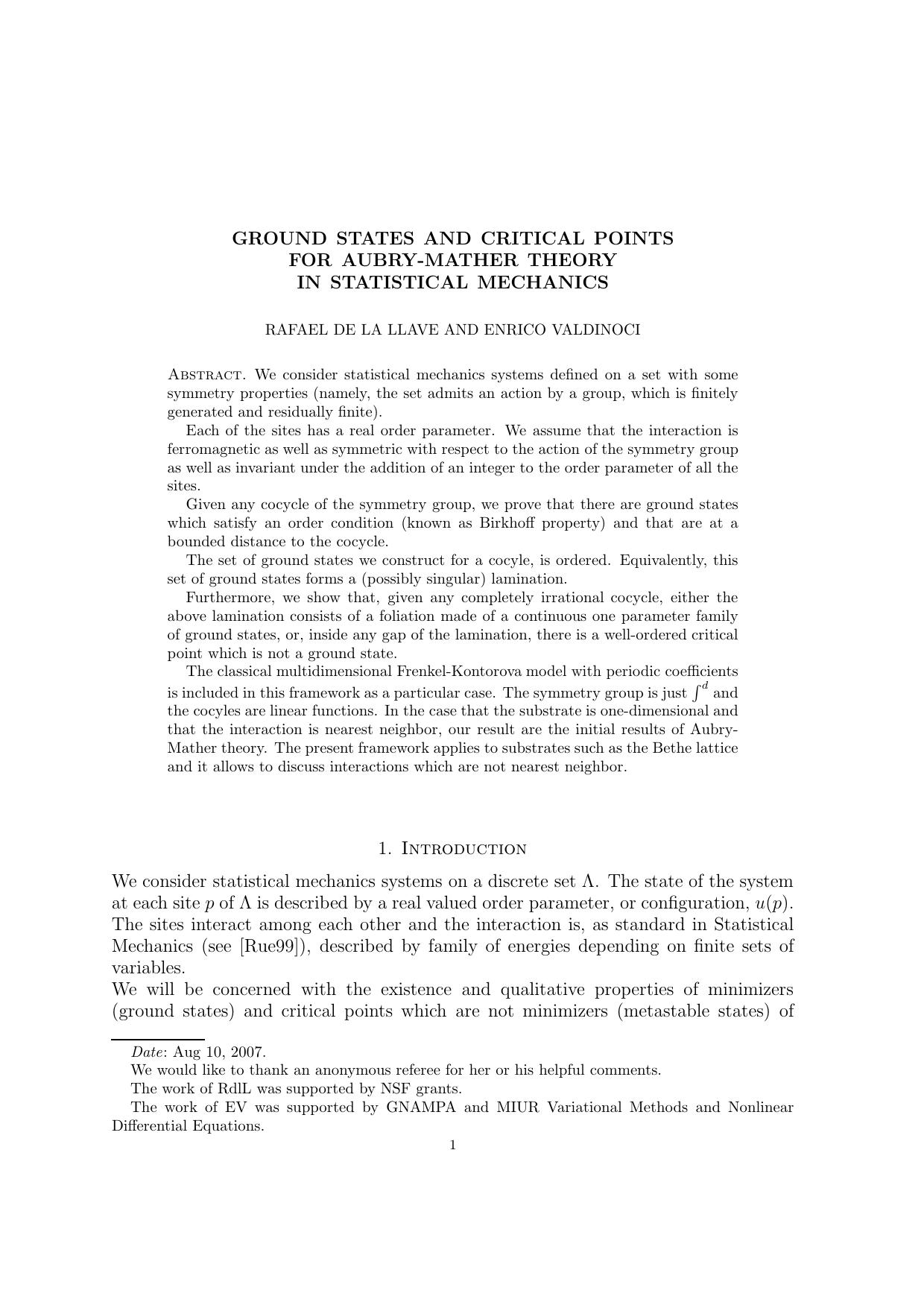 Ground states and critical points for aubry-mather theory in statistical mechanics by de la Llave R. Valdinoci E
