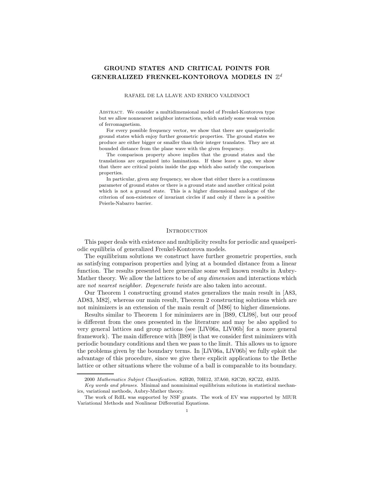 Ground states and critical points for generalized frenkel-kontorova models in Z^d by de la Llave R. Valdinoci E