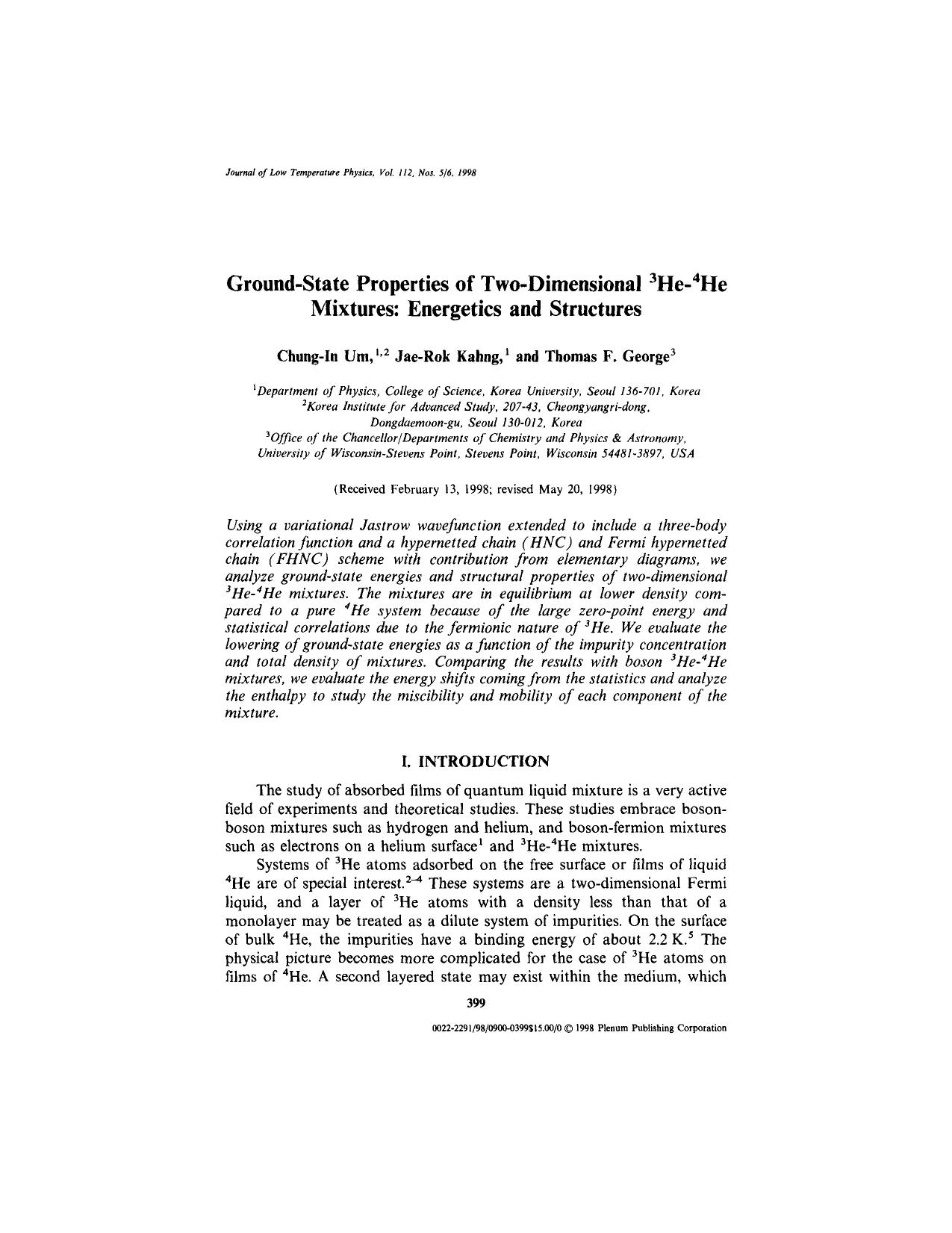 Ground-State Properties of Two-Dimensional <Superscript>3<Superscript>He-<Superscript>4<Superscript>He Mixtures: Energetics and Structures by Unknown
