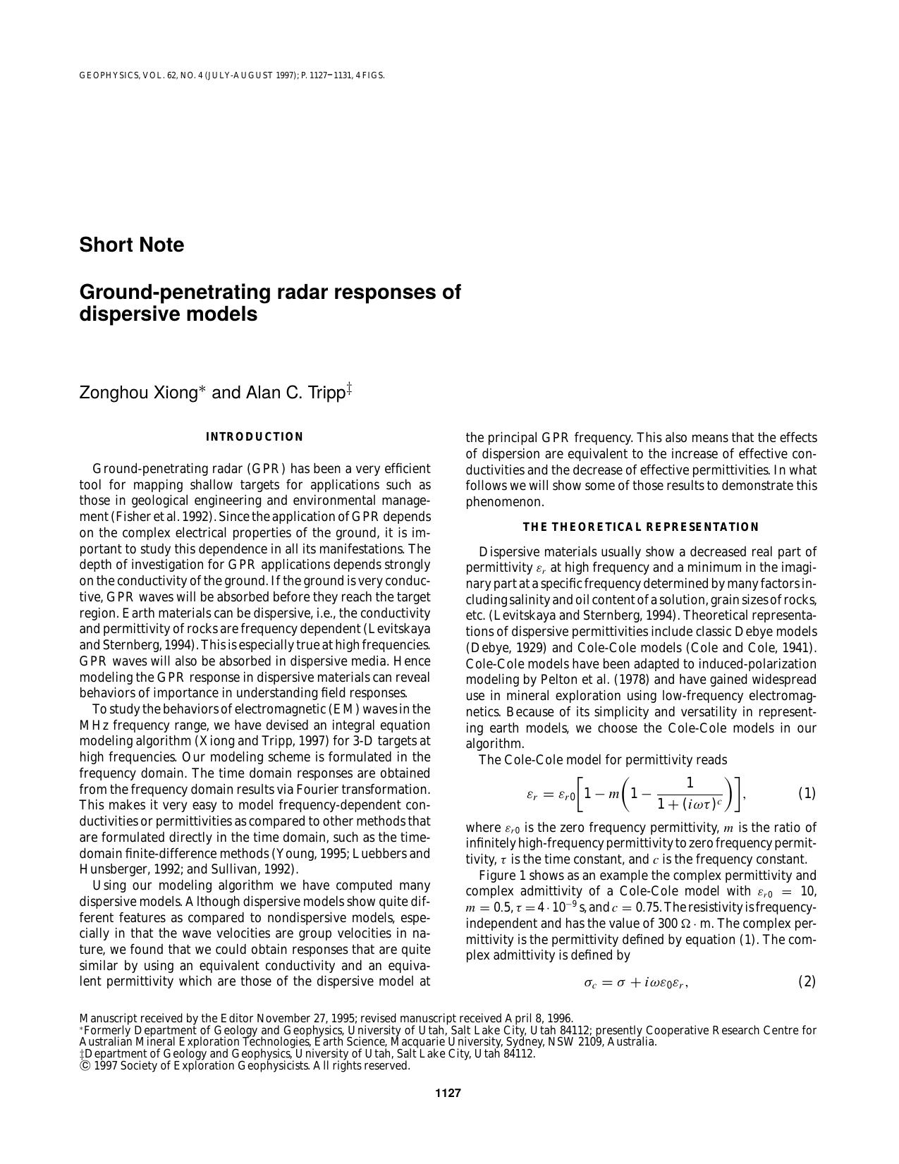 Ground-penetrating radar responses of dispersive models by Z. Xiong A. C. Tripp