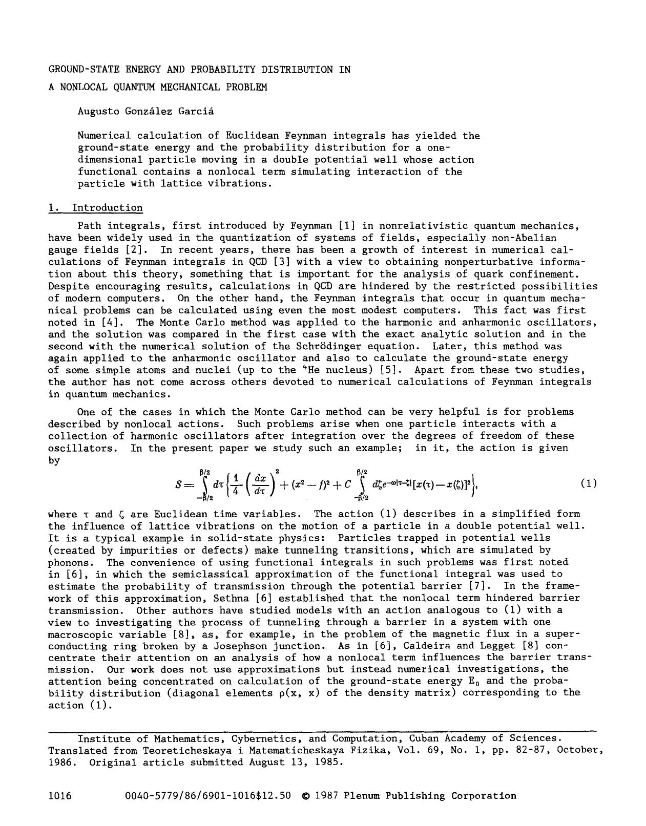 Ground-state energy and probability distribution in a nonlocal quantum mechanical problem by Unknown