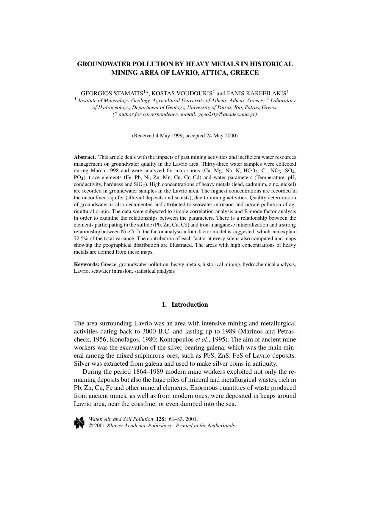 Groundwater Pollution by Heavy Metals in Historical Mining Area of Lavrio, Attica, Greece by Unknown