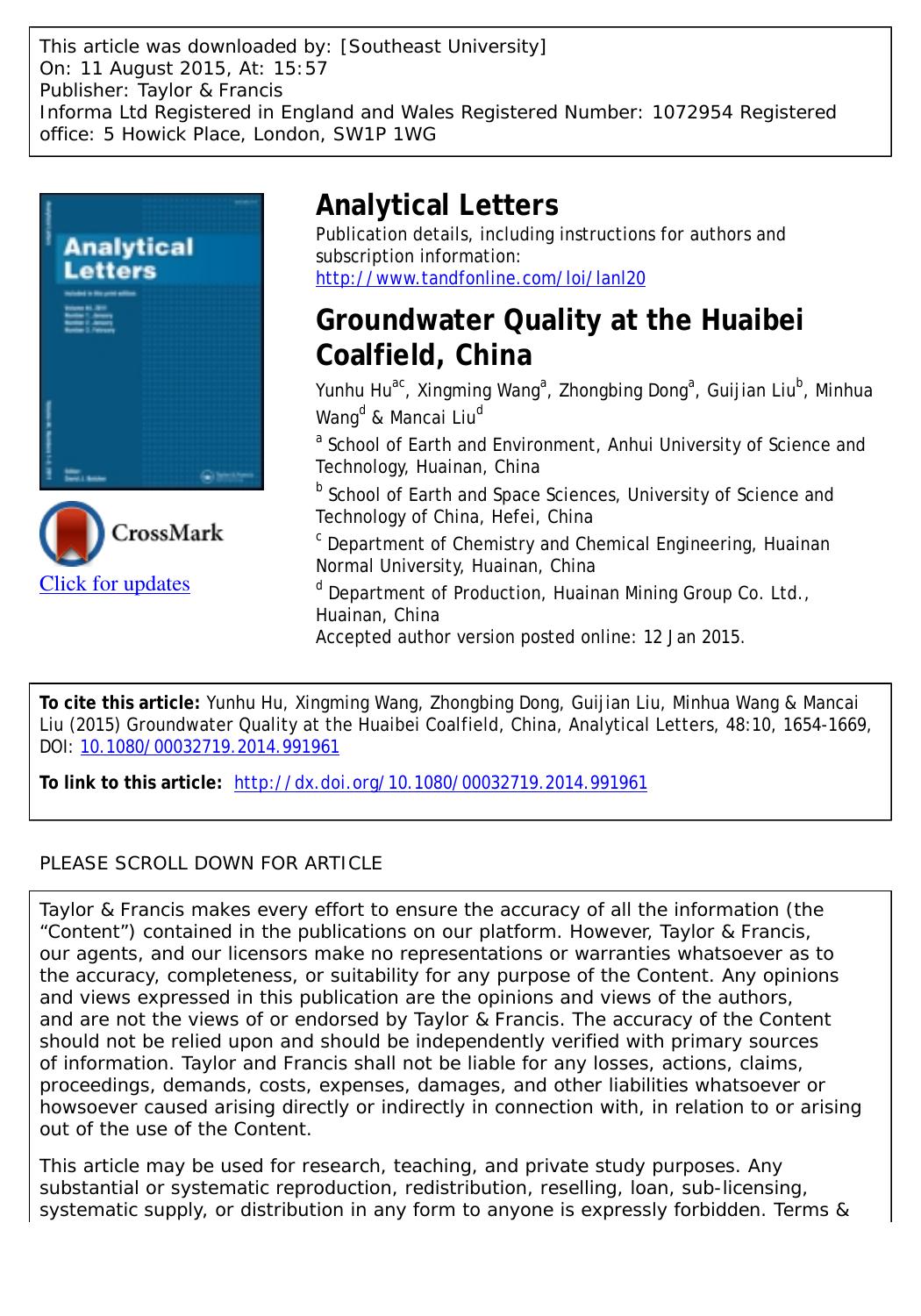 Groundwater Quality at the Huaibei Coalfield, China by Yunhu Hu
