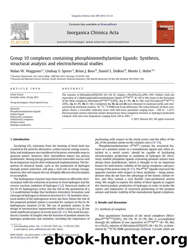 Group 10 complexes containing phosphinomethylamine ligands: Synthesis, structural analysis and electrochemical studies by Nolan W. Waggoner & Lindsay S. Spreer & Brian J. Boro & Daniel L. DuBois & Monte L. Helm