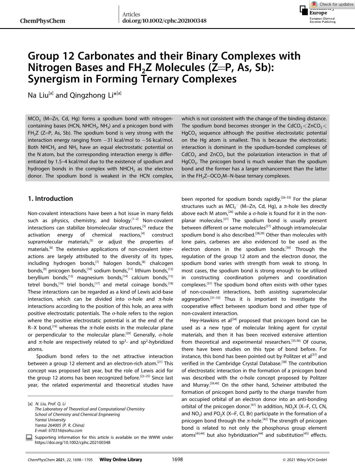Group 12 Carbonates and their Binary Complexes with Nitrogen Bases and FH2Z Molecules (Z=P, As, Sb): Synergism in Forming Ternary Complexes by Unknown