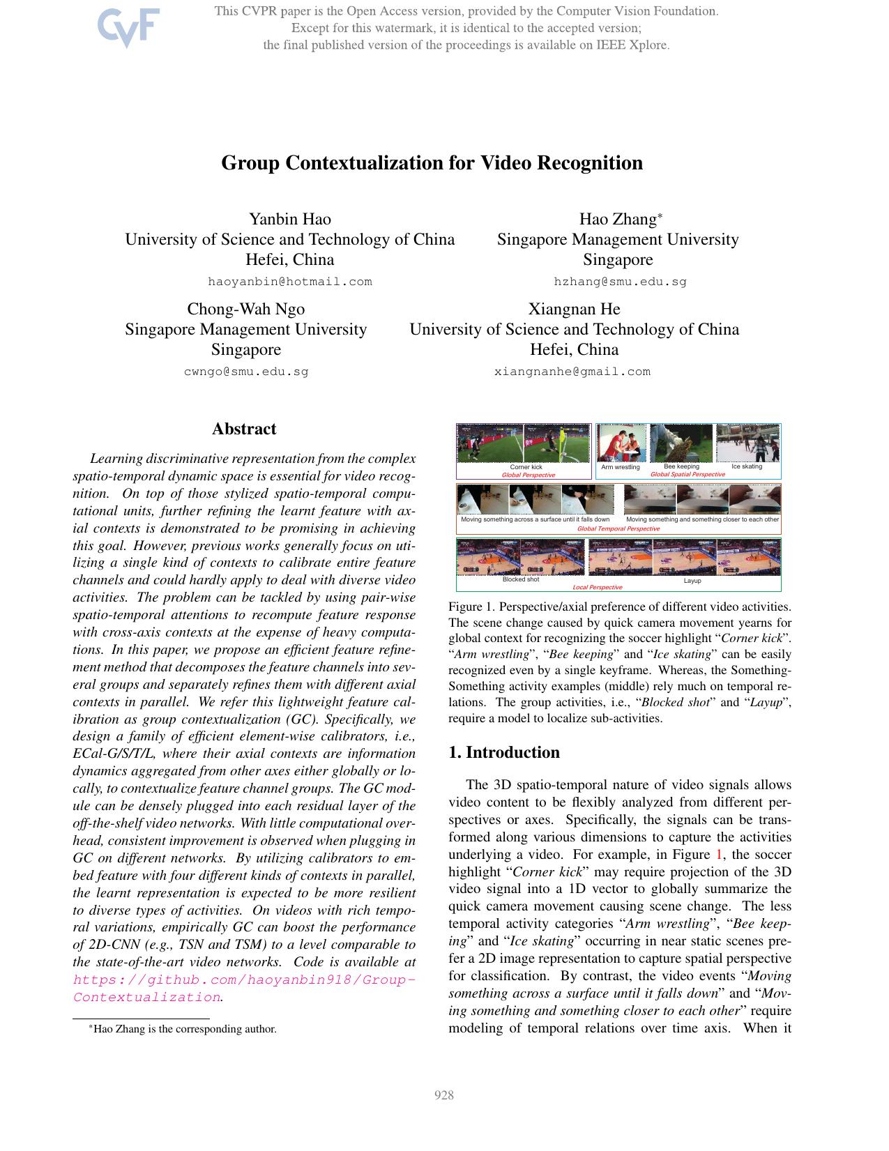 Group Contextualization for Video Recognition by Yanbin Hao & Hao Zhang & Chong-Wah Ngo & Xiangnan He