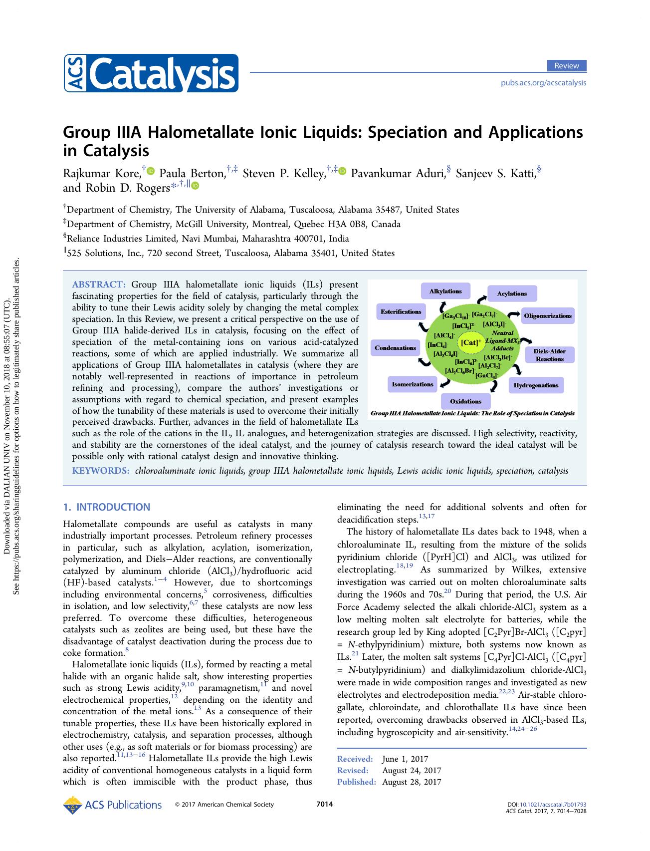 Group IIIA Halometallate Ionic Liquids: Speciation and Applications in Catalysis by Rajkumar Kore Paula Berton Steven P. Kelley Pavankumar Aduri Sanjeev S. Katti & Robin D. Rogers