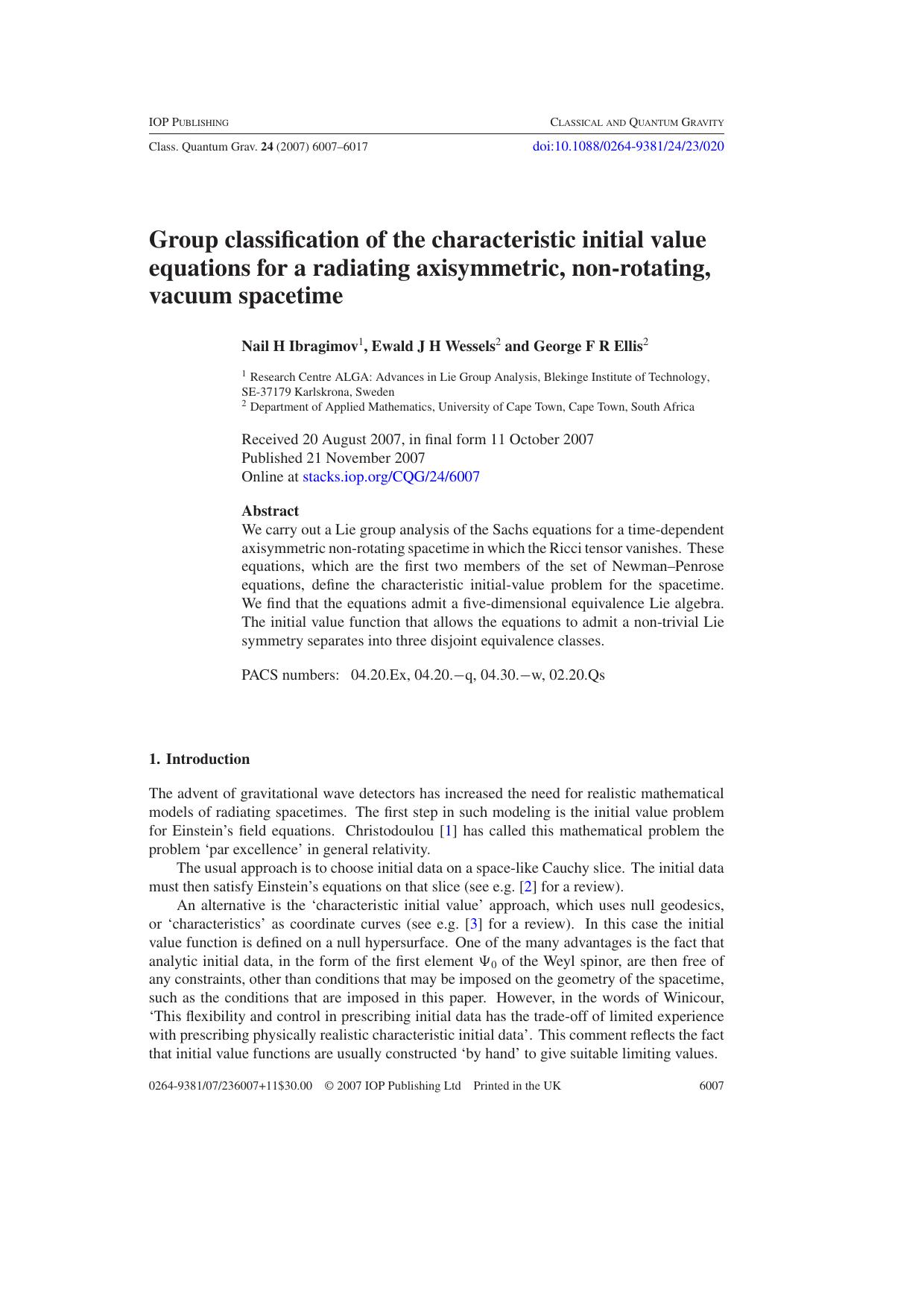 Group classification of the characteristic initial value equations by N H Ibragimov et al
