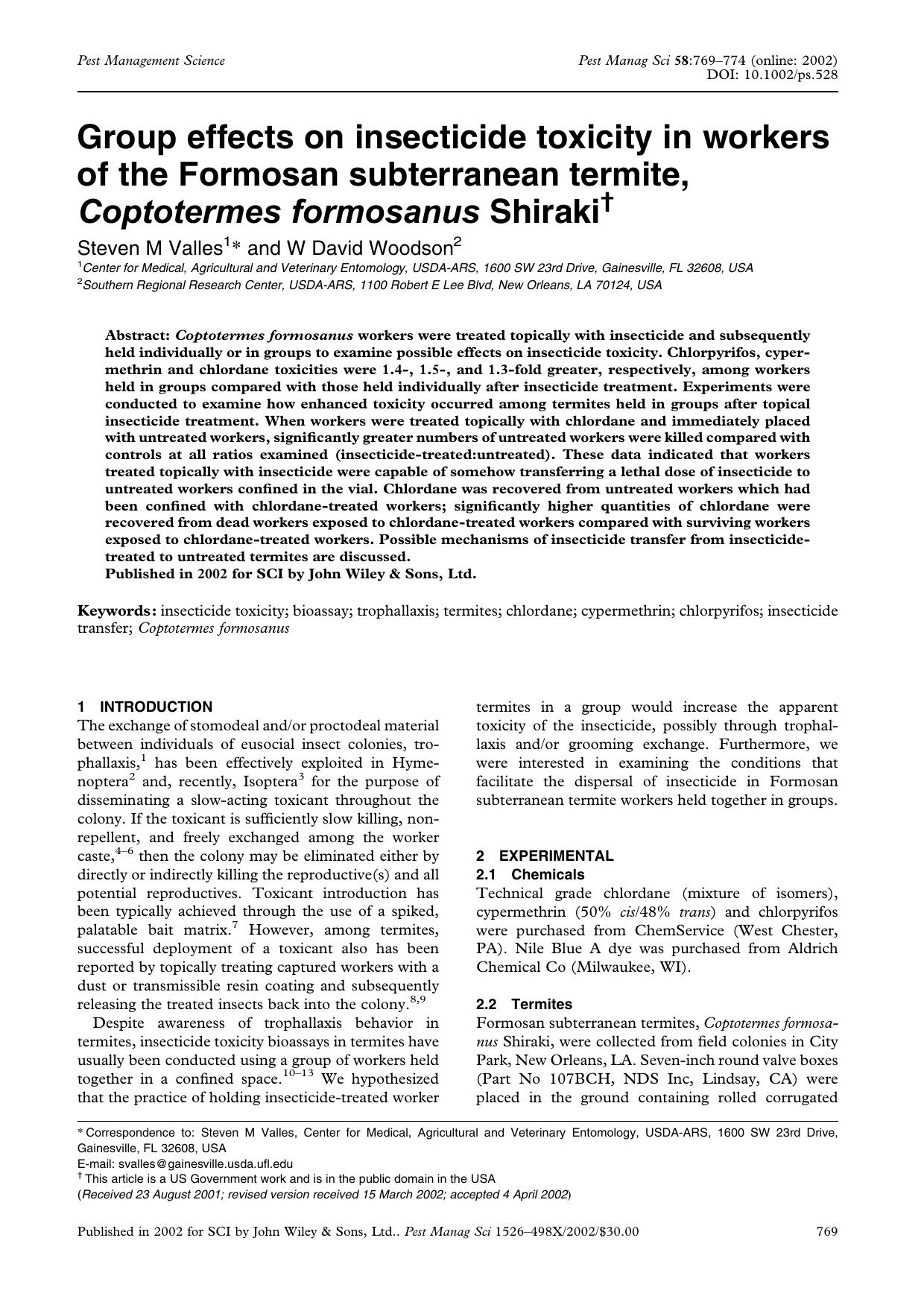 Group effects on insecticide toxicity in workers of the Formosan subterranean termite, Coptotermes formosanus Shiraki by Unknown