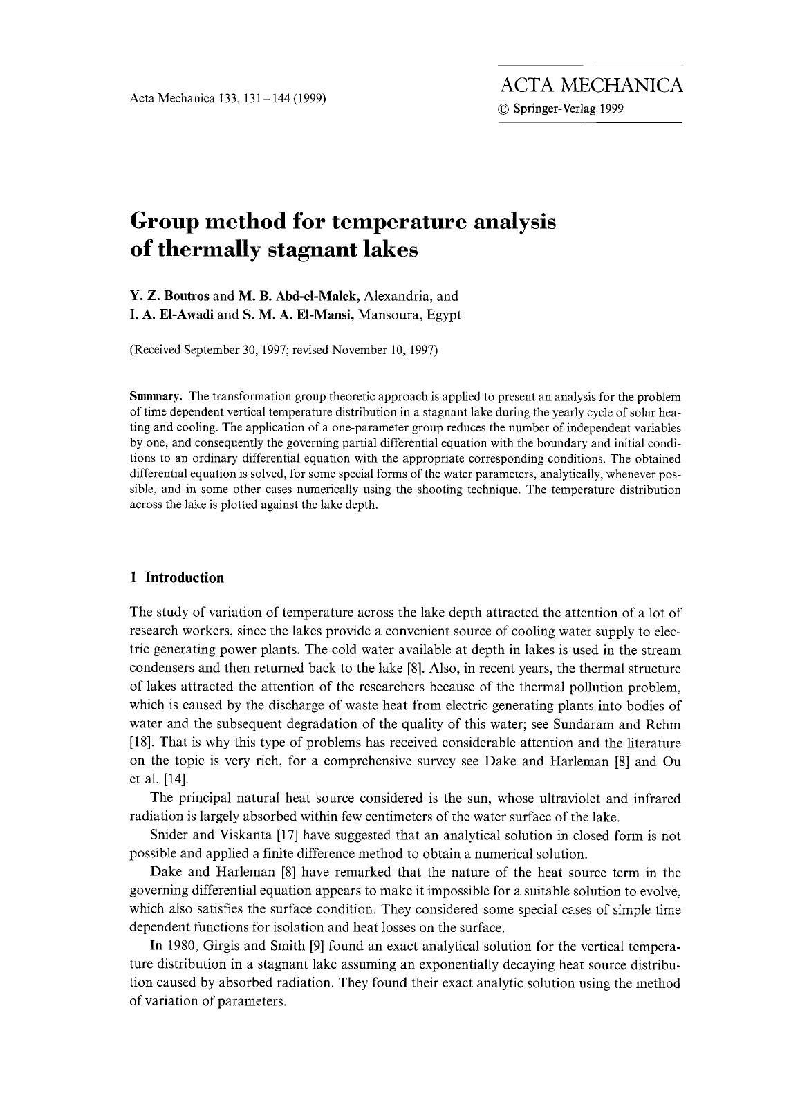 Group method for temperature analysis of thermally stagnant lakes by Unknown