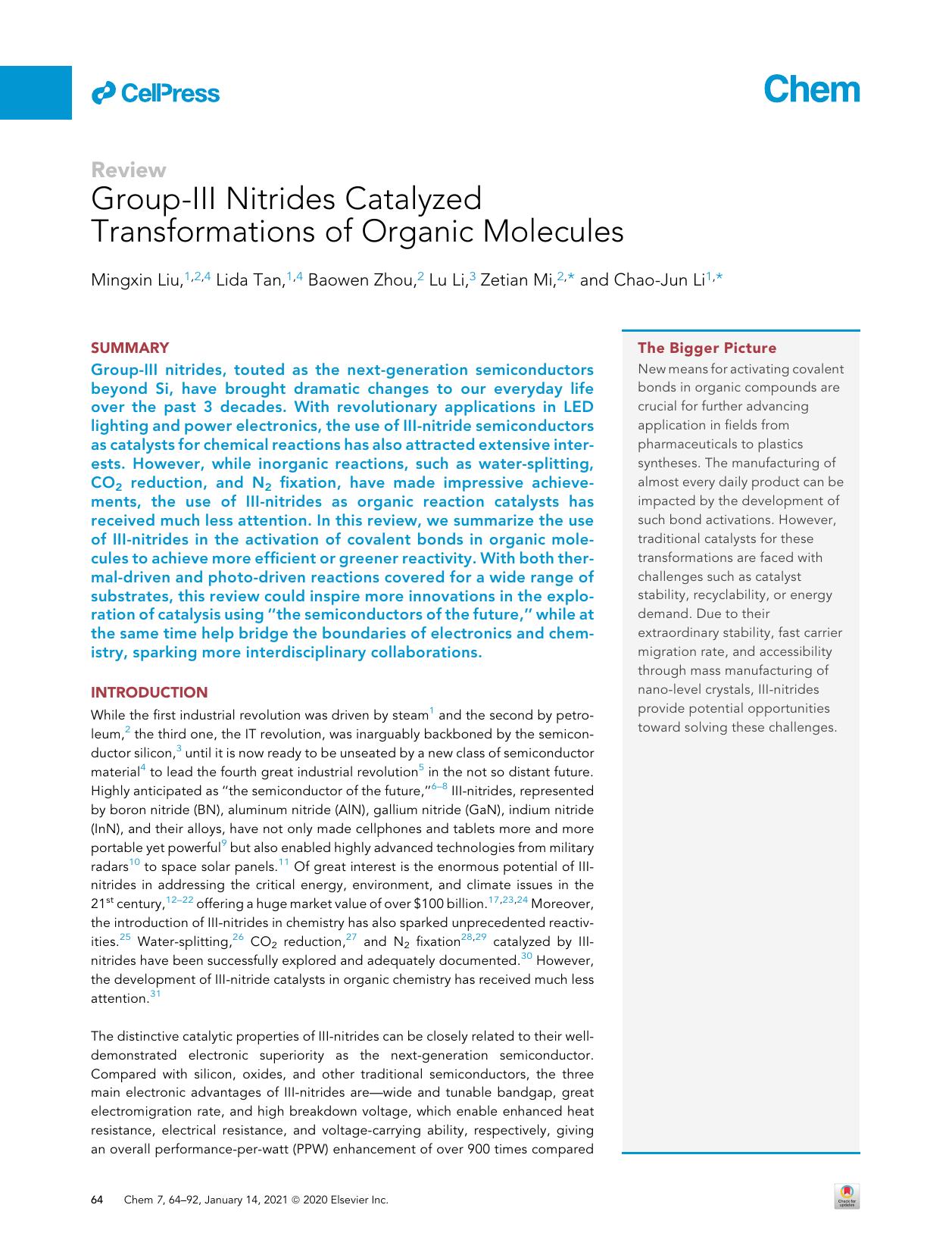 Group-III Nitrides Catalyzed Transformations of Organic Molecules by Mingxin Liu & Lida Tan & Baowen Zhou & Lu Li & Zetian Mi & Chao-Jun Li