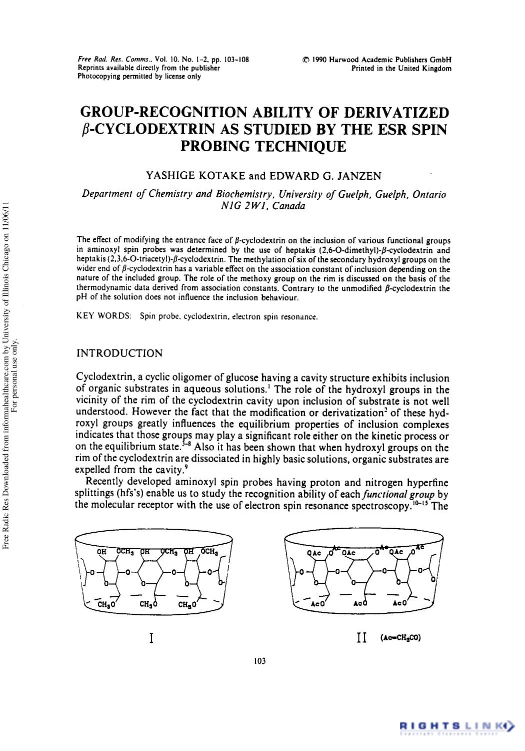 Group-Recognition Ability of Derivatized Î²-Cyclodextrin as Studied by the ESR Spin Probing Technique by Yashige Kotake1 & Edward G. Janzen1