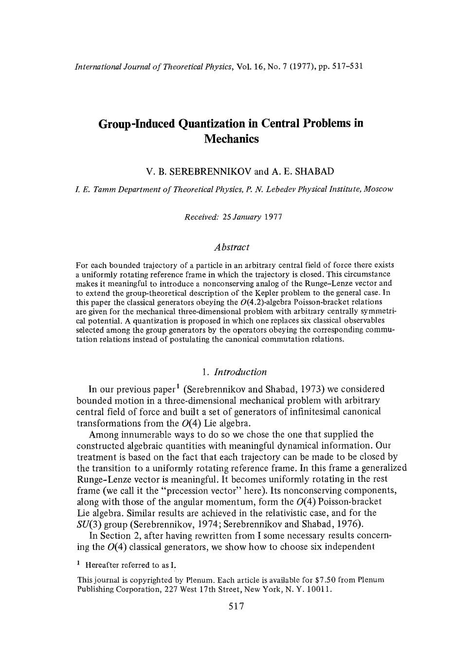 Group-induced quantization in central problems in mechanics by Unknown