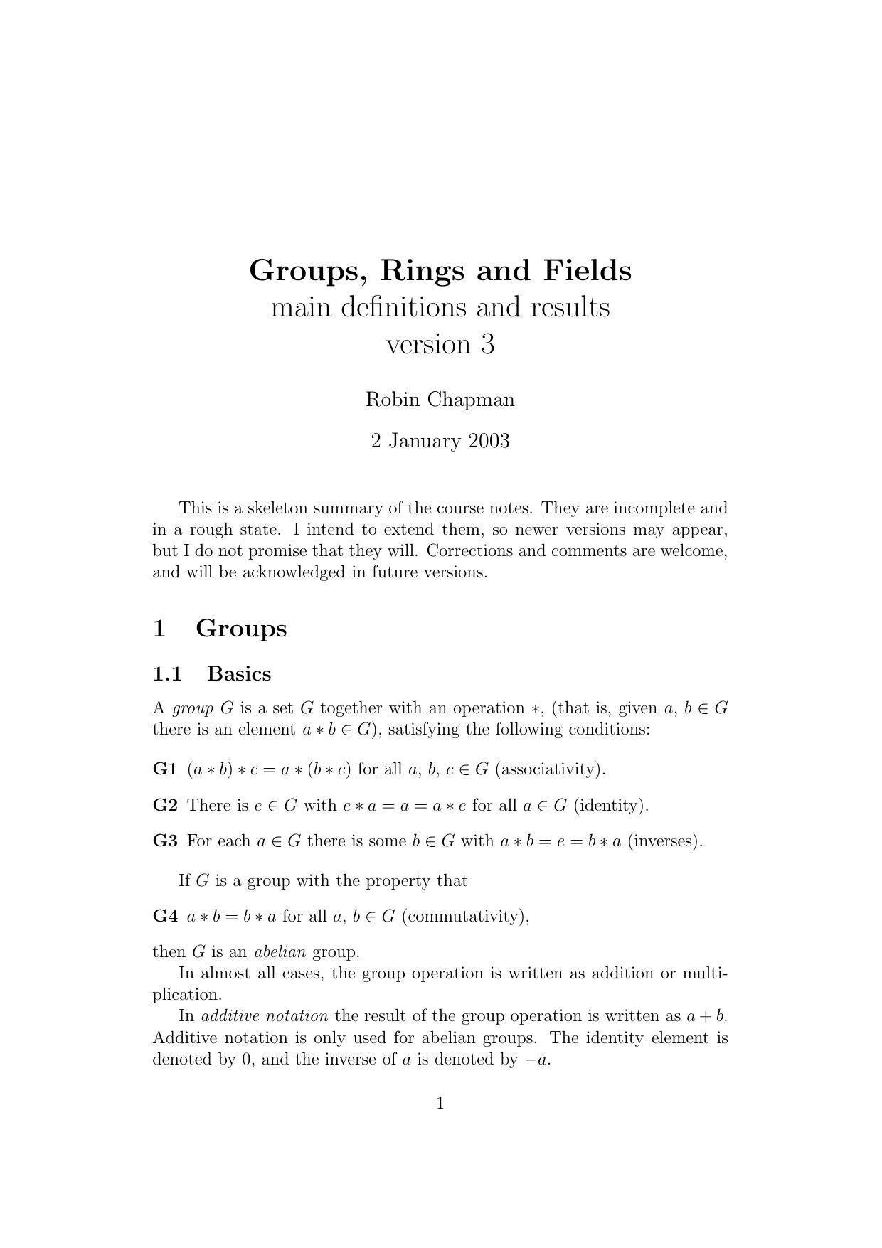 Groups, Rings and Fields: main definitions and results [Lecture notes] by Robin Chapman