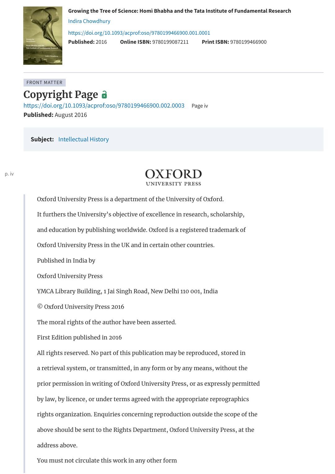 Growing the Tree of Science: Homi Bhabha and the Tata Institute of Fundamental Research by Indira Chowdhury