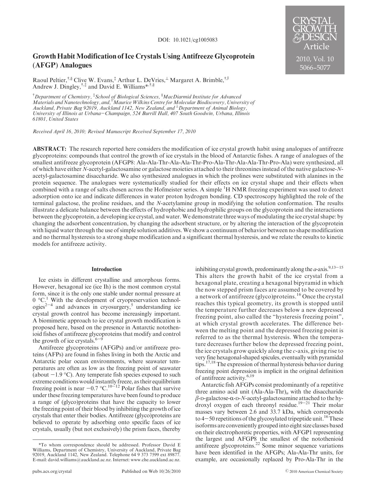 Growth Habit Modification of Ice Crystals Using Antifreeze Glycoprotein (AFGP) Analogues by Unknown