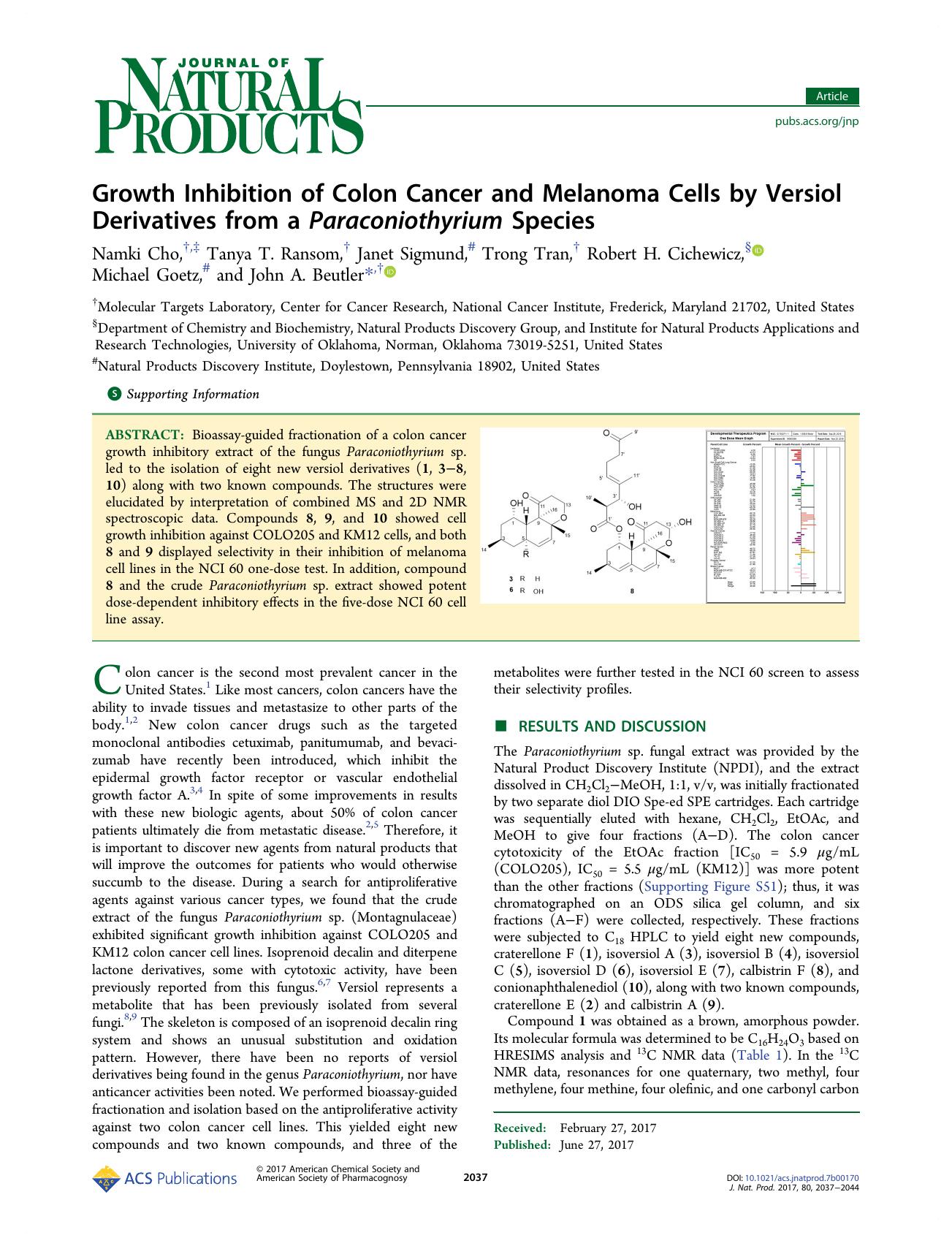 Growth Inhibition of Colon Cancer and Melanoma Cells by Versiol Derivatives from a Paraconiothyrium Species by unknow