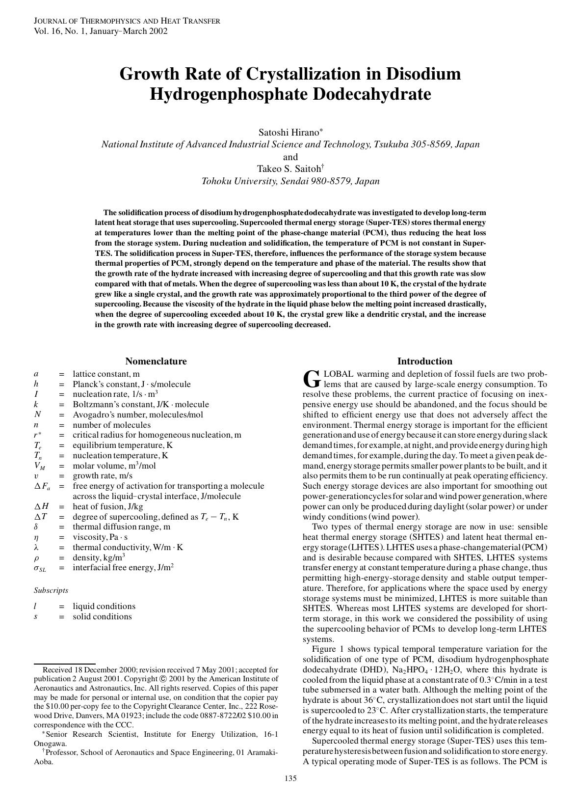 Growth Rate of Crystallization in Disodium Hydrogenphosphate Dodecahydrate by Unknown