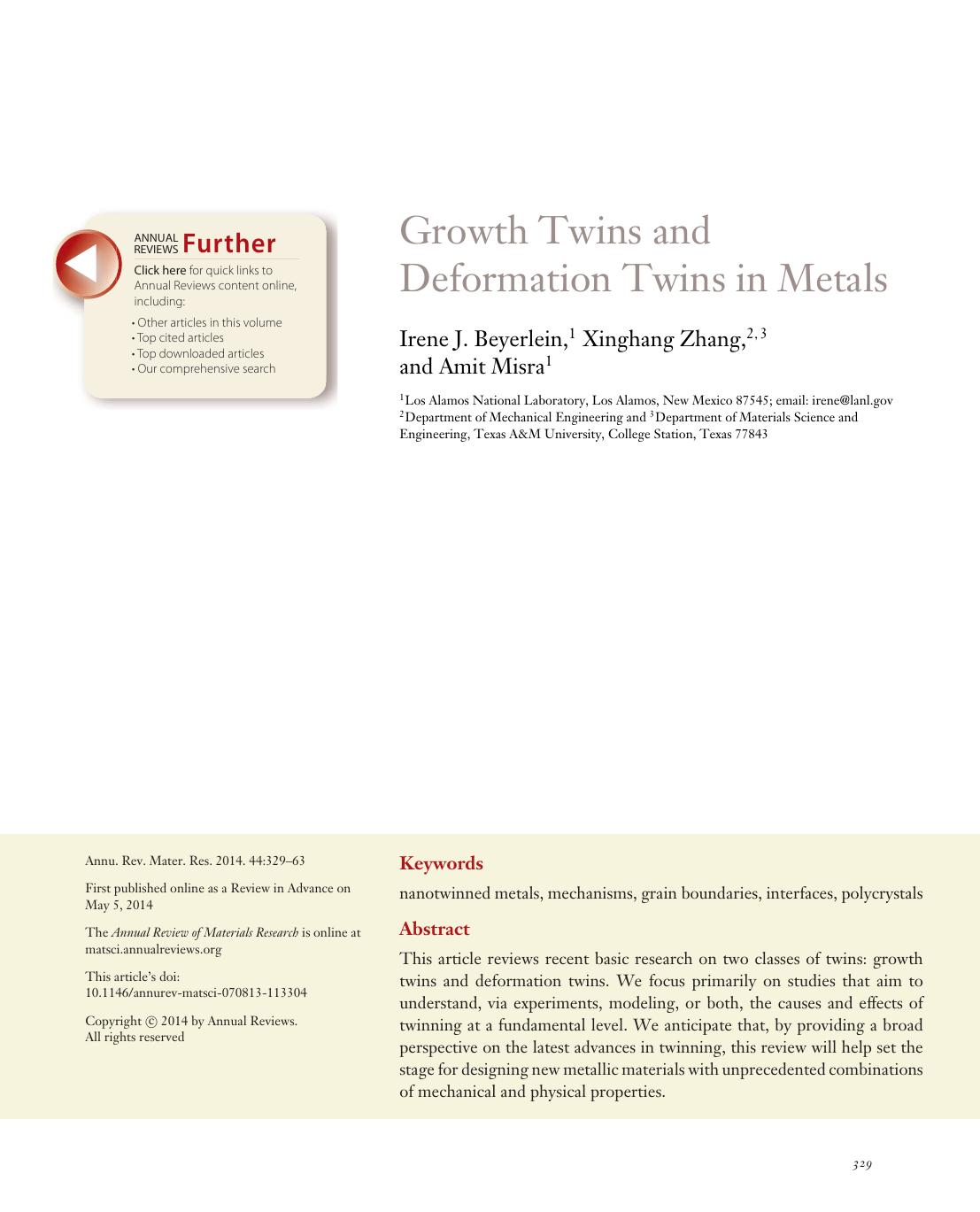 Growth Twins and Deformation Twins in Metals by Irene J. Beyerlein Xinghang Zhang Amit Misra