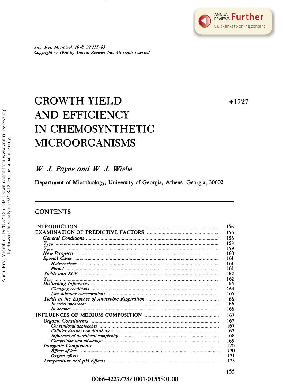 Growth Yield and Efficiency in Chemosynthetic Microorganisms by W J Payne & W J Wiebe