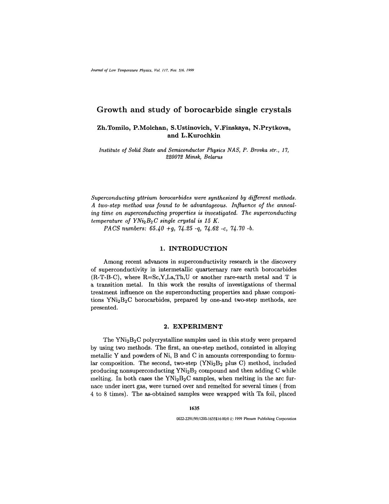 Growth and Study of Borocarbide Single Crystals by Unknown