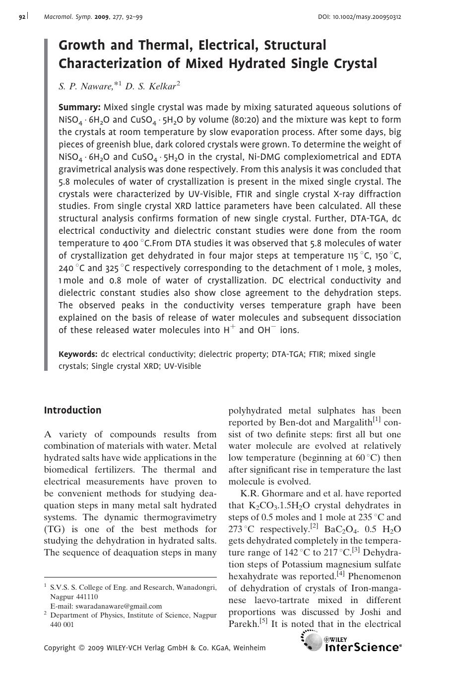 Growth and Thermal, Electrical, Structural Characterization of Mixed Hydrated Single Crystal by Unknown