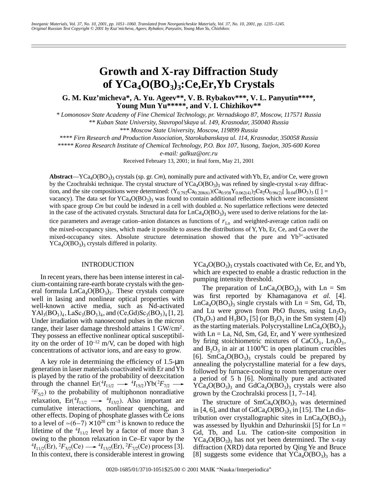 Growth and X-ray Diffraction Study of YCa4O(BO3)3:Ce,Er,Yb Crystals by Unknown