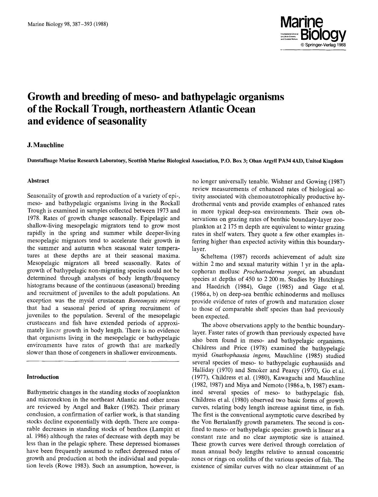Growth and breeding of meso- and bathypelagic organisms of the Rockall Trough, northeastern Atlantic Ocean and evidence of seasonality by Unknown