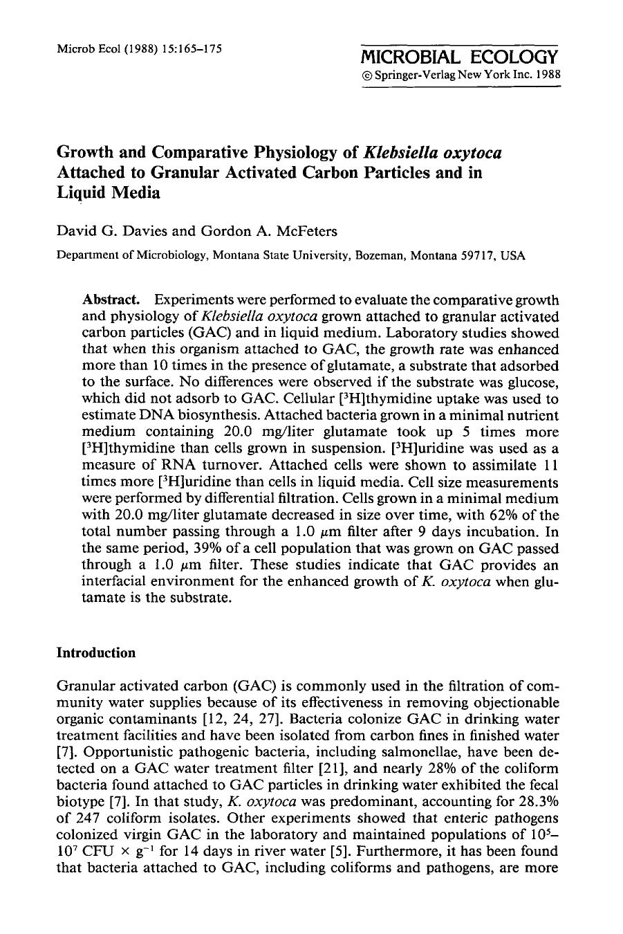 Growth and comparative physiology of <Emphasis Type="Italic">Klebsiella oxytoca <Emphasis> attached to granular activated carbon particles and in liquid media by Unknown