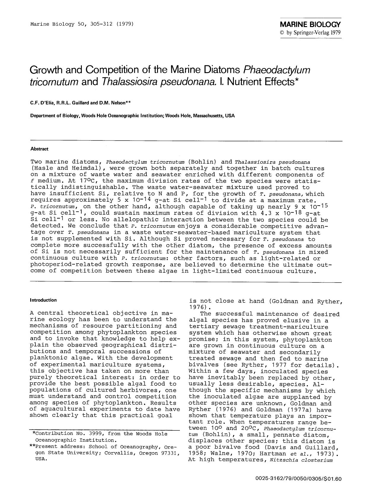 Growth and competition of the marine diatoms <Emphasis Type="Italic">Phaeodactylum tricornutum<Emphasis> and <Emphasis Type="Italic">Thalassiosira pseudonana<Emphasis>. I. Nutrient effects by Unknown