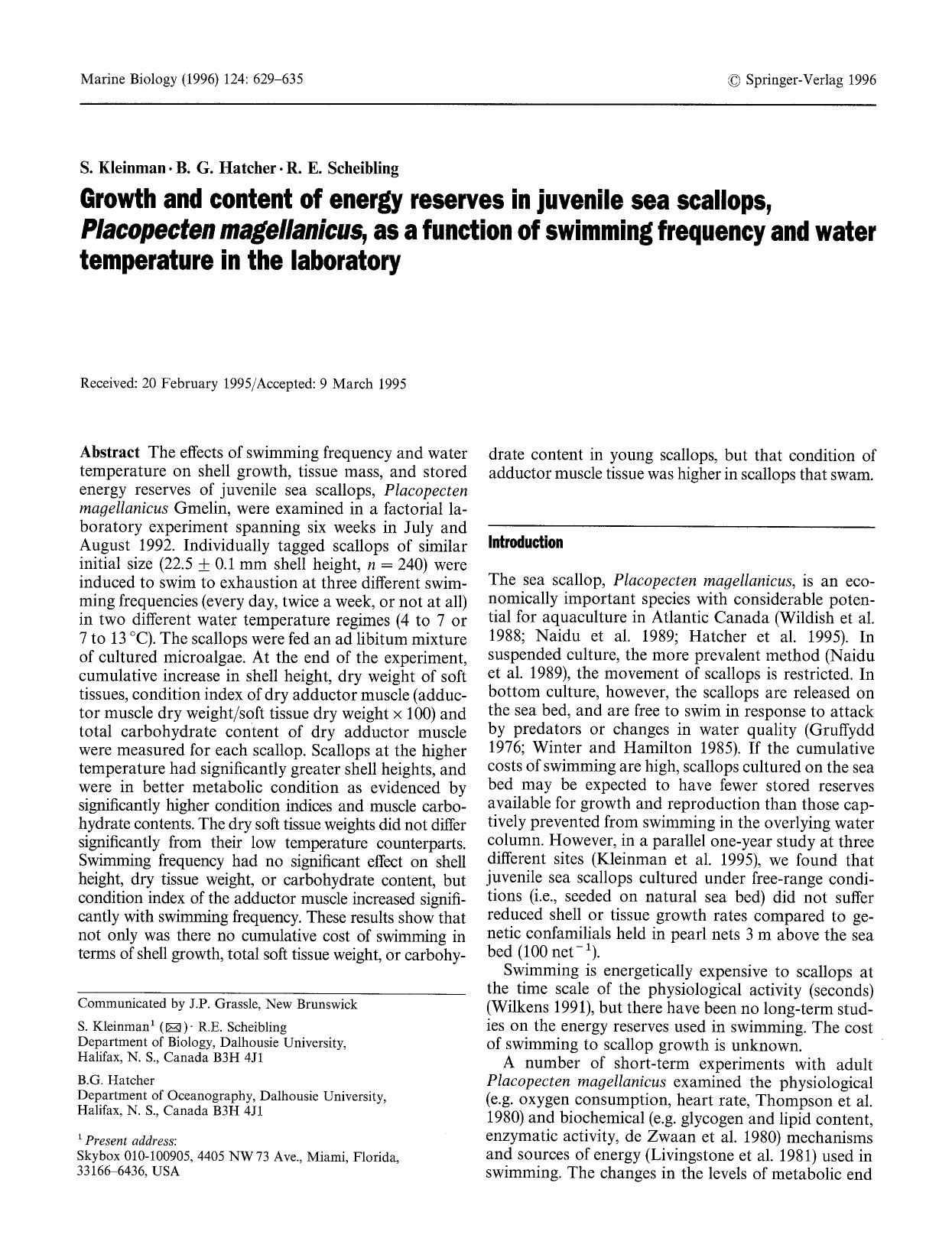 Growth and content of energy reserves in juvenile sea scallops, <Emphasis Type="Italic">Placopecten magellanicus<Emphasis>, as a function of swimming frequency and water temperature in the laboratory by Unknown