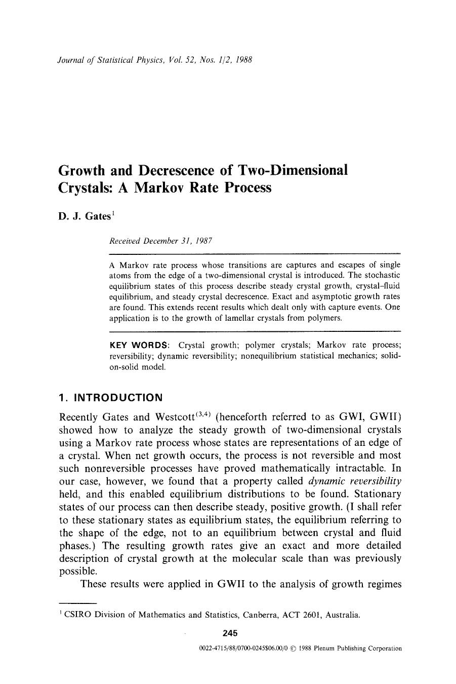 Growth and decrescence of two-dimensional crystals: A Markov rate process by Unknown