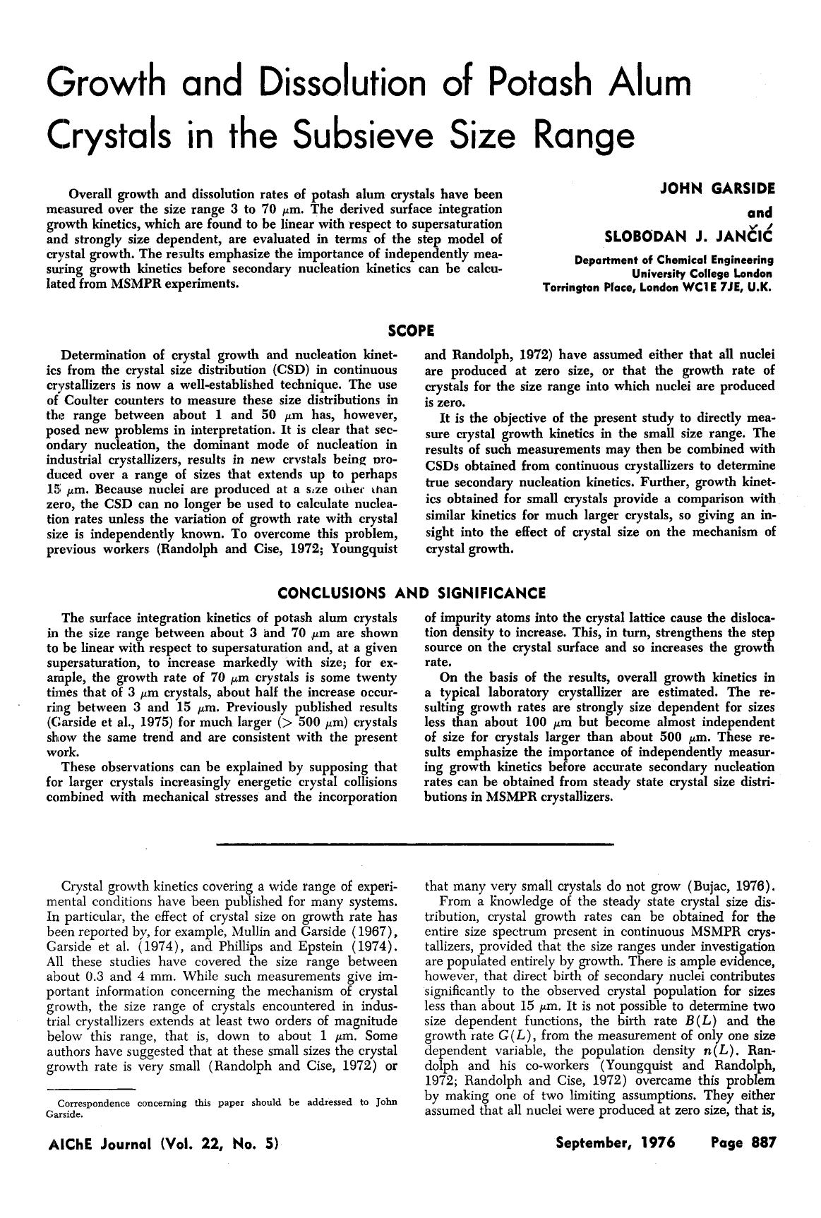 Growth and dissolution of potash alum crystals in the subsieve size range by Unknown