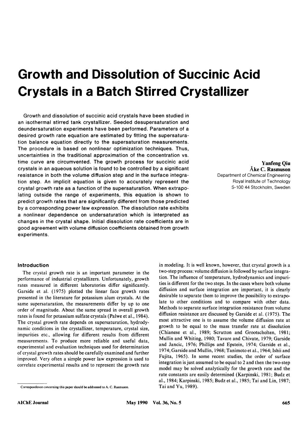 Growth and dissolution of succinic acid crystals in a batch stirred crystallizer by Unknown