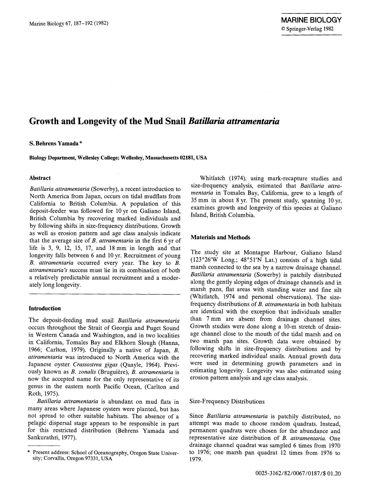 Growth and longevity of the mud snail <Emphasis Type="Italic">Batillaria attramentaria<Emphasis> by Unknown