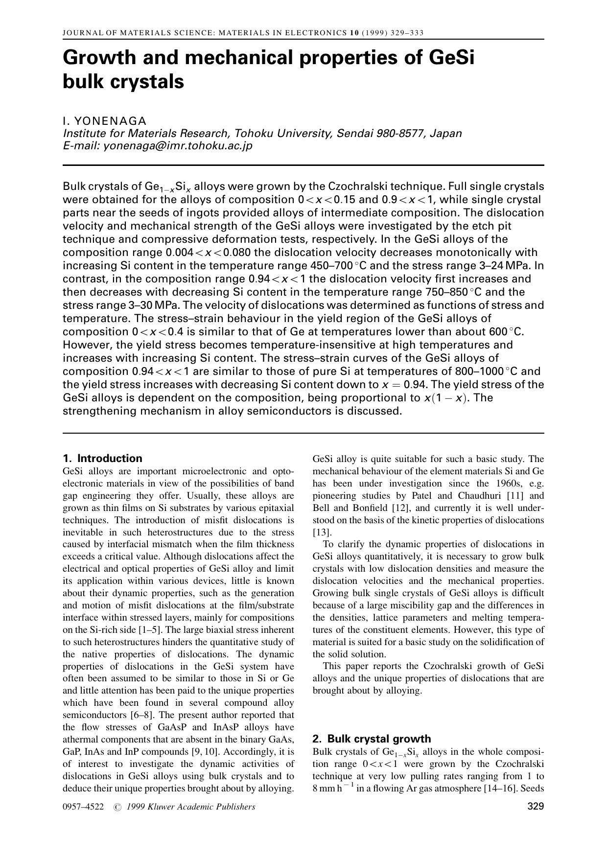 Growth and mechanical properties of GeSi bulk crystals by Unknown