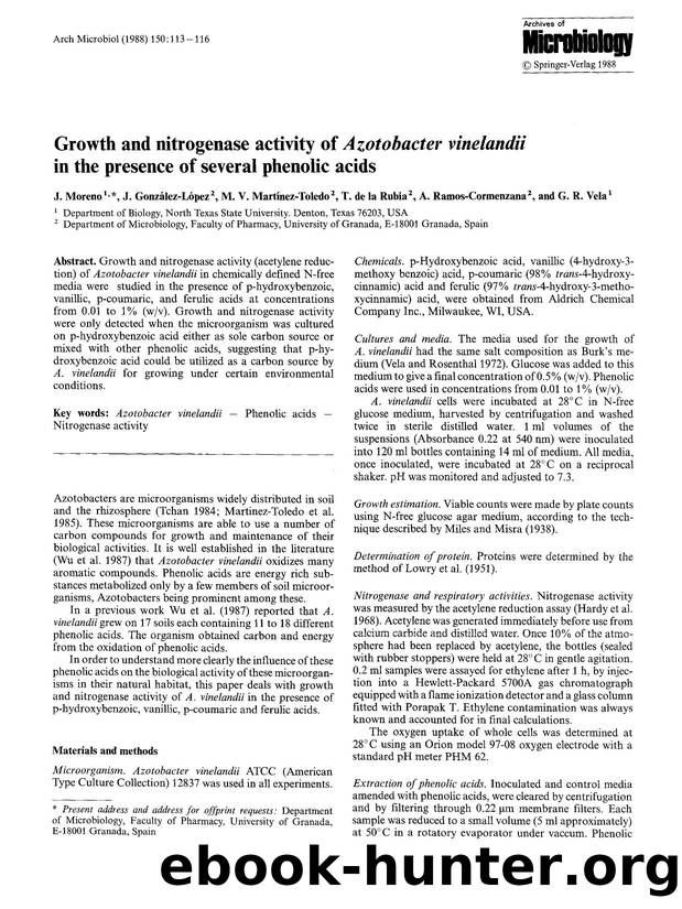 Growth and nitrogenase activity of <Emphasis Type="Italic">Azotobacter vinelandii<Emphasis> in the presence of several phenolic acids by Unknown