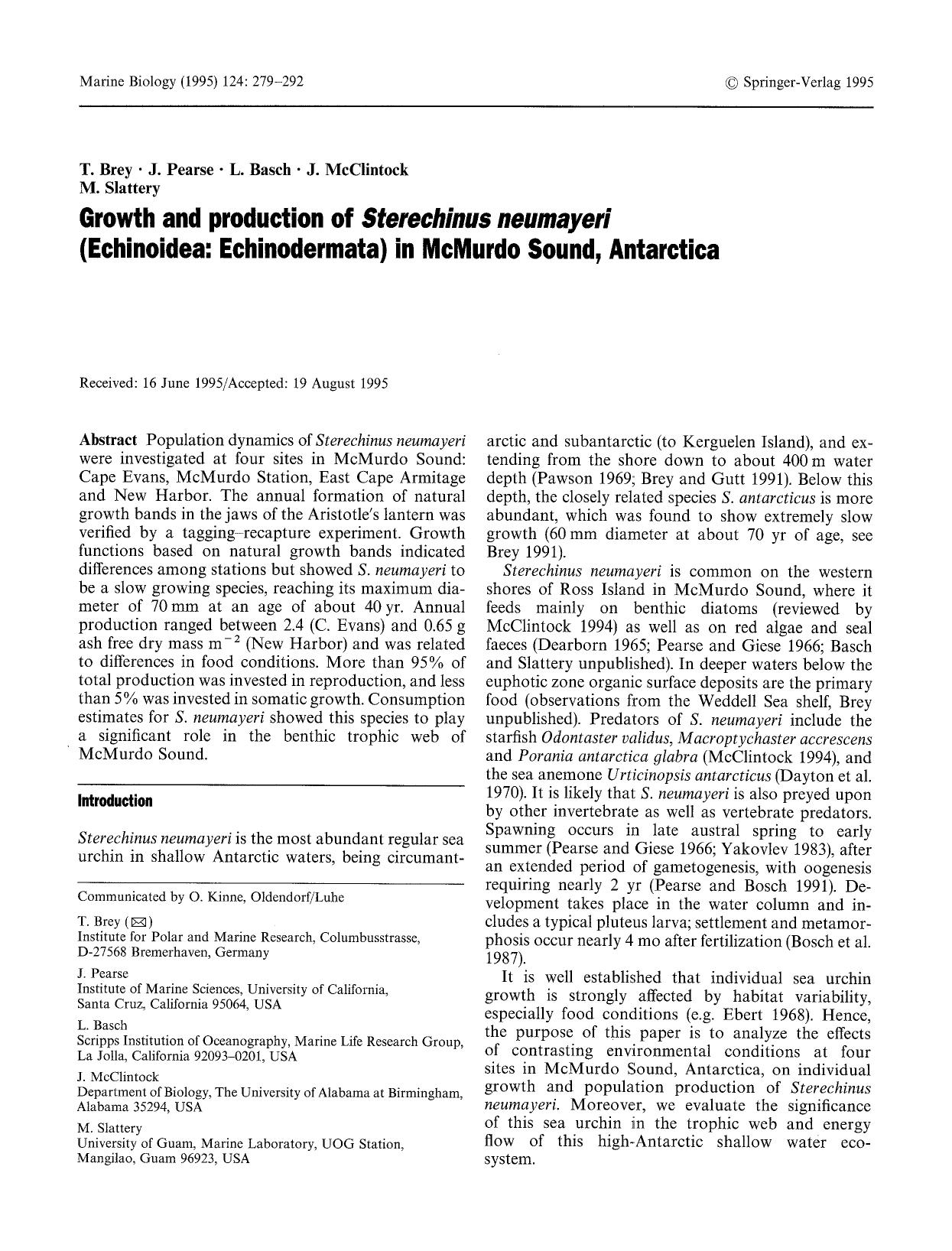 Growth and production of <Emphasis Type="Italic">Sterechinus neumayeri<Emphasis> (Echinoidea: Echinodermata) in McMurdo Sound, Antarctica by Unknown